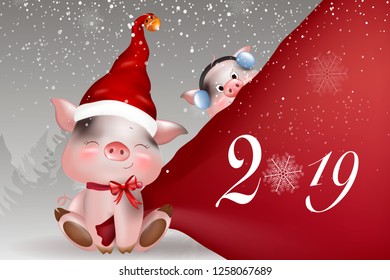 Christmas piglet. Cute and funny character pig. Christmas card. Vector illustration of Christmas card with cartoon deer. Christmas card. New Year