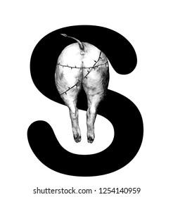 Christmas pig's ass wrapped in a glowing garland sticking out of the letter s part of the word Christmas, sketch vector graphics monochrome illustration on white background