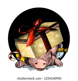 Christmas pig's head in a festive cardboard box with a bow on his head climbs out of the hole, the front part of the two-sided pattern, sketch vector graphics color illustration on a white background