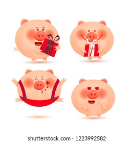 Christmas pigs. Set of cheerful and cute piglets for decoration
