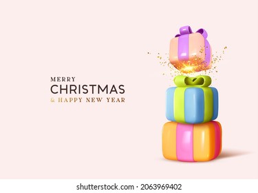 Christmas pile gift boxes. Realistic present surprise box, multicolored soft pastel colors. Merry Christmas and New Year gift card, web poster, Xmas banner. Holiday decoration design elements.