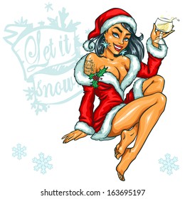 Christmas Pin Up Girl With Cocktail. 