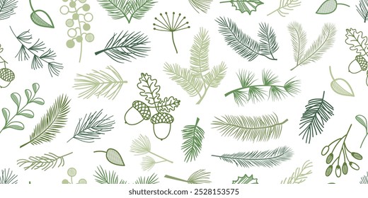 Navidades de pino, baya, patrón sin fisuras de hojas, planta de hoja perenne, árbol, abeto y rama de abeto, fondo de ramita de cedro, decoración de año Nuevo, impresión de naturaleza invernal. Bolso verde de Navidad. Ilustración vectorial de Festiva