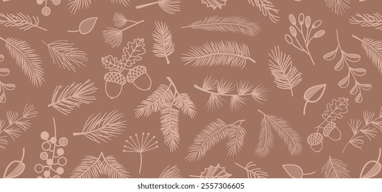 Christmas pine, berry, leaf seamless pattern mocha mousse colour, evergreen plant, tree, spruce and fir branch, cedar twig background, New Year decoration bg, winter nature print. Vector illustration