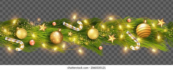 Christmas pine border, vector holiday green winter branch, garland lights, gold decoration ball. X-mas New Year evergreen frame, realistic celebration wreath on transparent background. Pine border