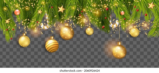 Christmas pine border, vector holiday x-mas green fir frame, golden decoration ball, star, candy cane. Winter evergreen twig background, realistic New Year celebration design. Horizontal pine border