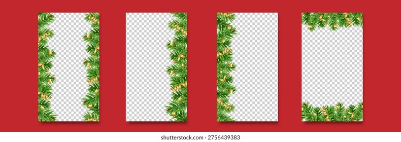 Christmas Pine Branch Border Frames Set - Festive Holiday Vertical Panel Templates with Evergreen Garlands on Transparent Background