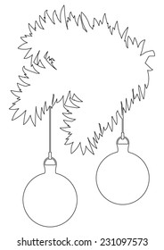 Christmas pine branch with decoration - christmas ornaments - black outlines - isolated on white background 