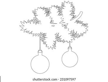 Christmas pine branch with decoration - christmas ornaments - black outlines - isolated on white background