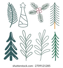 Weihnachtskiefer-Zweig und Baum Linie Art Icon Set.