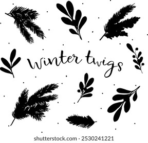 Christmas pine branch, vector icon of twigs, winter plants, New Year tree, festive decoration, black silhouette on a white background. Christmas illustration