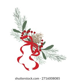 Navidades Ilustración vectorial de rama de pino con lazo de cinta roja y bayas. Diseño festivo de vacaciones para decoración, tarjeta de felicitación, invitación y Anuncio.