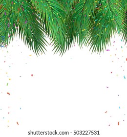 Christmas pine branches border with colorful festive confetti. Vector illustration isolated on a white background.