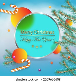 Christmas décor with pine branches, candy canes, Christmas balls. Christmas concept with glass morphism effect. New year vector card on red background.