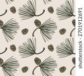 Christmas Pine Branches and Cones Seamless Pattern in Engraved Style. Sequoia twig vector illustration