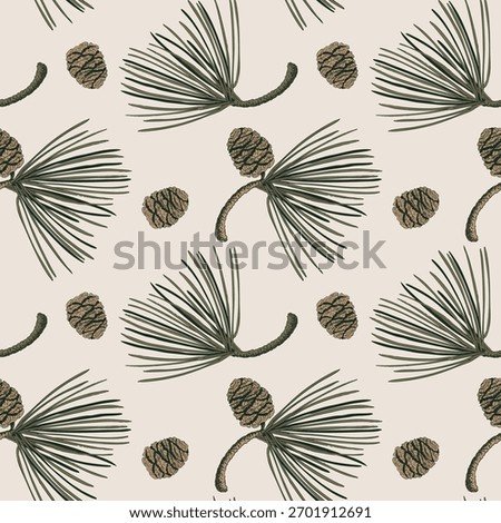 Christmas Pine Branches and Cones Seamless Pattern in Engraved Style. Sequoia twig vector illustration