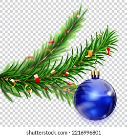 Ramas de pino navideñas, decoradas con balón azul colgante y trozos de serpentina, aisladas en fondo transparente