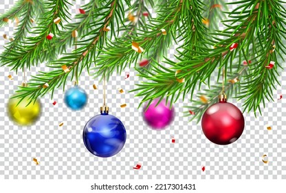 Ramas de pino navideño, decoradas con bolas colgantes y trozos de serpentina, aisladas en fondo transparente