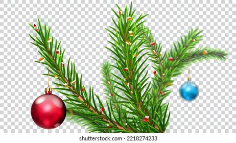 Christmas pine branches, decorated with hanging colored balls and pieces of serpentine, isolated on transparent background