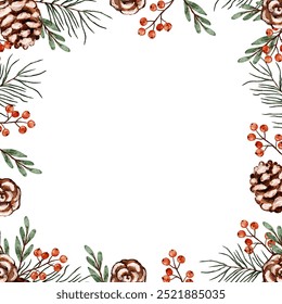 Christmas pine cone and berry border frame for seasonal decorations with copy space