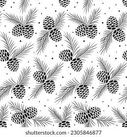 Christmas Pine Cone Black and White Seamless Pattern- Christmas Vector Design 