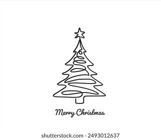 Christmas pine fir tree. Continuous one line drawing. Vector illustration minimalistic design. Abstract hand draw vector. Merry Christmas concept.