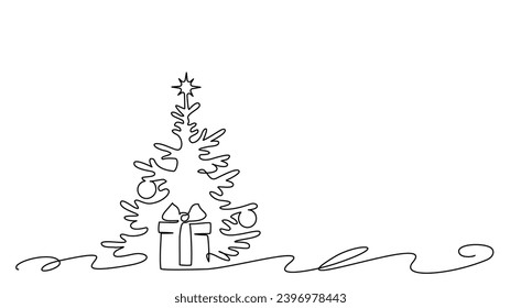 Christmas pine fir tree with gift stroke decoration. Continuous one line drawing. Vector illustration minimalistic design. Hand drawn