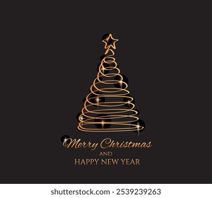 Navidades de abeto de pino sobre fondo negro. Dibujo continuo de una línea. Ilustración vectorial de diseño minimalista. Vector Abstractas del dibujo de la mano. Concepto de Feliz Navidad.	