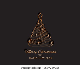 Christmas pine fir tree on black background. Continuous one line drawing. Vector illustration minimalistic design. Abstract hand draw vector. Merry Christmas concept.	