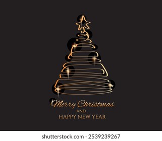 Christmas pine fir tree on black background. Continuous one line drawing. Vector illustration minimalistic design. Abstract hand draw vector. Merry Christmas concept.	