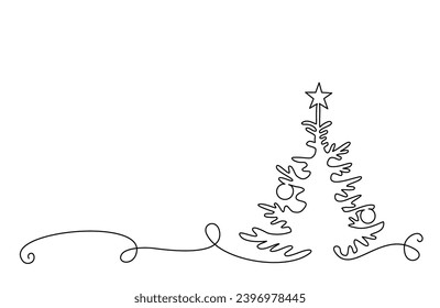 Christmas pine fir tree stroke decoration. Continuous one line drawing. Vector illustration minimalistic design. Hand drawn