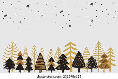 Christmas pine forest. Decorative trees hand drawn in black and gold. Vector illustration