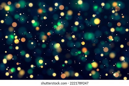 Christmas pine forest foliage vector background. Green garden trees wedding invitation. Bokeh lights art.