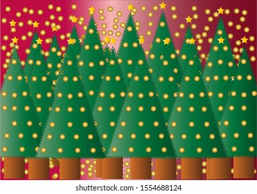 Christmas pine forest with golden balls.