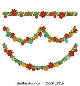 Christmas pine garland with balls, cones and poinsettia flower. Vector cartoon holiday decorative elements set isolated on white background.