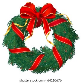 Christmas pine garland decorated with red and golden ribbons. Vector.