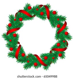 Christmas pine garland decorated with red and golden ribbons. Vector.