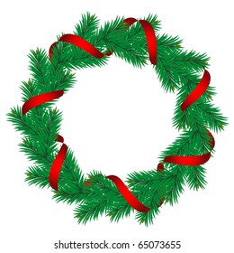 Christmas pine garland decorated with red and golden ribbons. Vector.