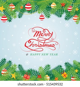 Christmas Pine Leaves Decoration, Border, Holiday Event. Happy New Year