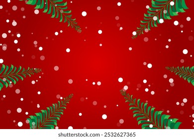 Folhas de pinho de Natal e muita neve caindo sobre fundo vermelho. Ilustração vetorial. Papel de parede da celebração. Faixa