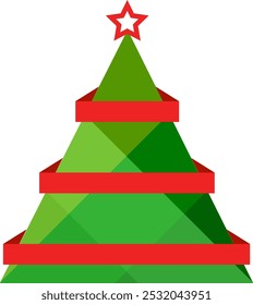 Pinheiro de Natal em fitas vermelhas. Árvore festiva