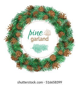 Christmas pine round garland. Vector high detailed festive decoration isolated on white background. Pine branches and cones. Nature wreath.