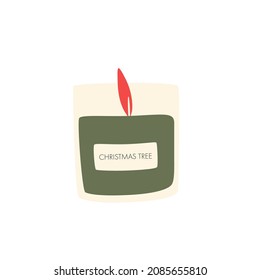 Christmas pine scented candle.Christmas sticker. Hand drawn winter element.Christmas illustrations for cards, posters, labels, web, logos, scrapbooking, templates. Isolated vector on white background.