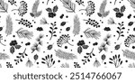 Christmas pine seamless pattern, holly berry, fir, tree, pinecone, leaves, mistletoe. Branch and sprig, floral winter background. Black and white design bg, plant element. Nature vector illustration