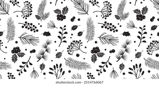 Christmas pine seamless pattern, holly berry, fir, tree, pinecone, leaves, mistletoe. Branch and sprig, floral winter background. Black and white design bg, plant element. Nature vector illustration