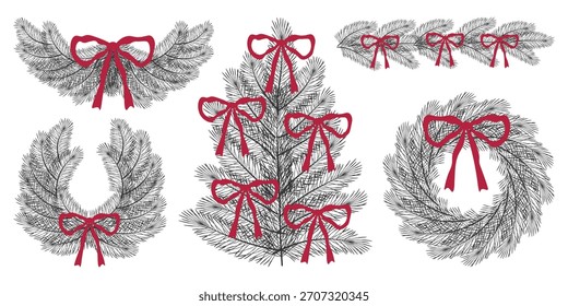 Conjunto de pino de Navidades, decorado con arcos rojos. Guirnaldas, bordes y ramas festivas de temporada. Perfecto para el diseño de vacaciones, tarjetas de felicitación y decoraciones de invierno