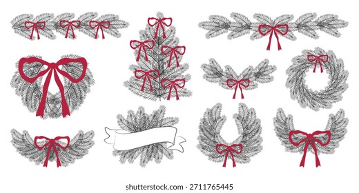 Christmas pine set, decorated with red bows. Festive seasonal wreaths, borders, and branches. Perfect for holiday design, greeting cards, and winter decorations