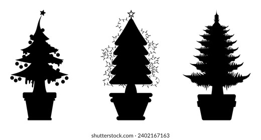 Christmas pine style Christmas trees with ornaments in the shape of a silhouette in black color with a white background