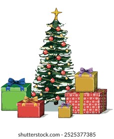 christmas pine traditional christianity tree with big pile of gifts and presents isolated on white background