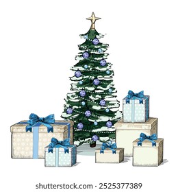 christmas pine traditional christianity tree aesthetic colors blue with big pile of gifts and presents isolated on white background